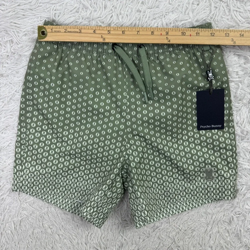 NWT Psycho Bunny Shorts Boys Medium 10-12 Green Bendigo AOP Lined Swim Trunk M